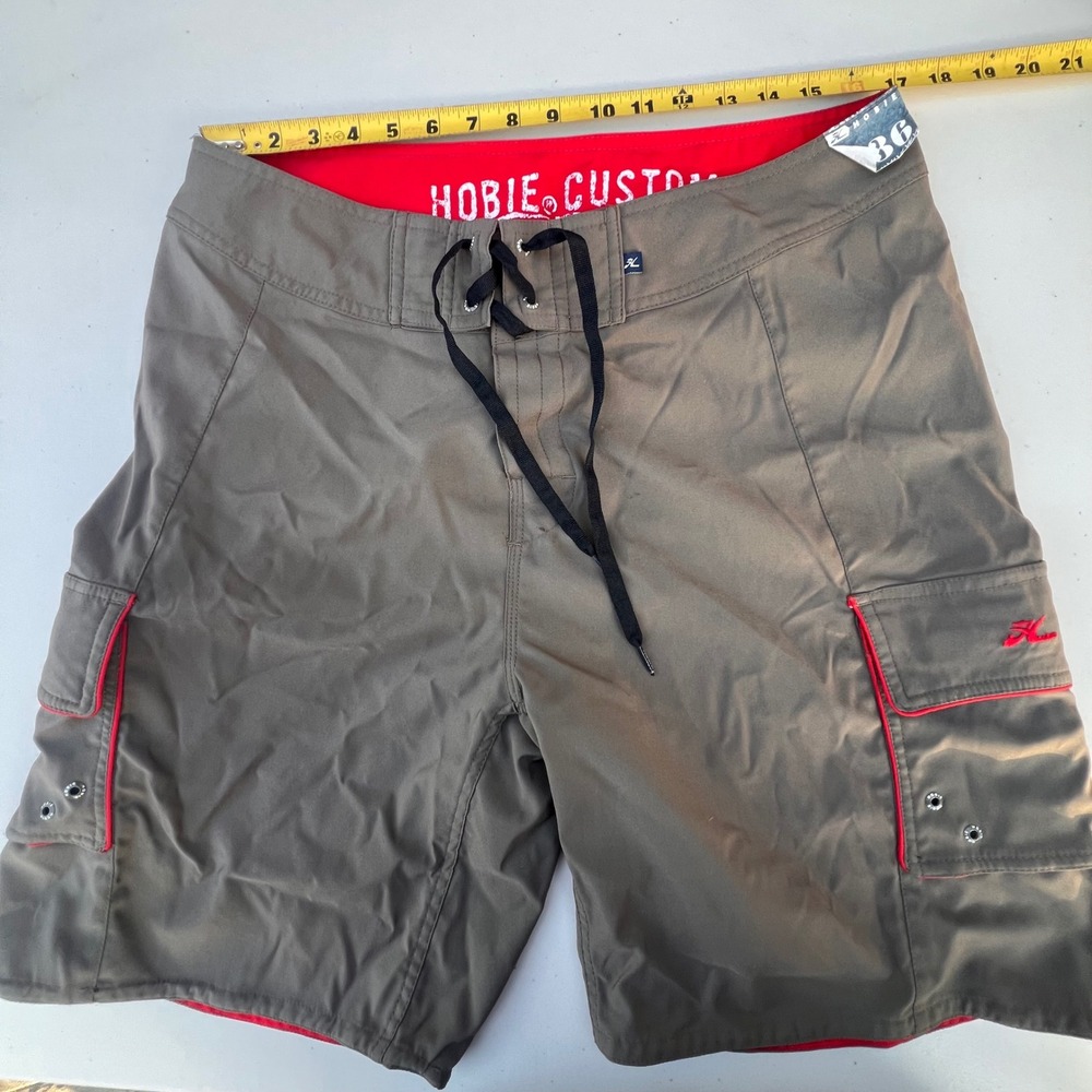 Hobie Custom MensBoard Shorts Size 36 Olive Green Red Contrast Cargo Swim Trunks